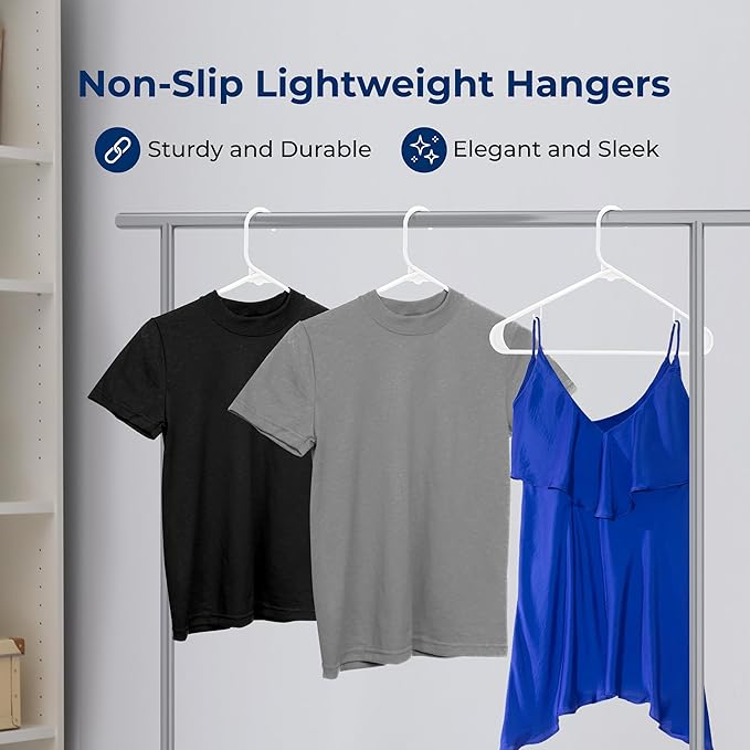 SereneLife White Plastic Hangers 200 Pcs, Durable Hanger Set with Slip Design, Tubular Hangers with 2 Integrated Strap Hooks, Mega Pack for Clothes