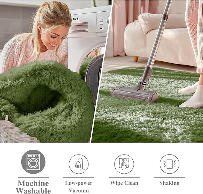 OLANLY Green Round Rugs for Bedroom - Machine Washable, 3 ft Circle Area Rugs for Living Room, Soft and Fluffy Shaggy Carpet for Teen Girl and Boys, Nursery Rooms, Dorms, Home Decor Aesthetic