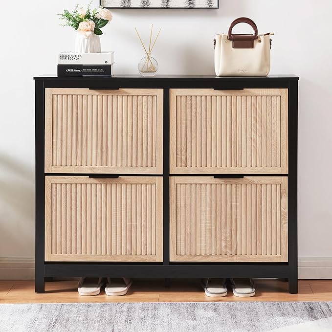 4 Flip Drawers Shoe Cabinet Storage for Entryway, Narrow Hidden Wood Shoes Organizer Cabinet Front Door Entrance Thin Free Standing Front Door Shoe Rack Storage for Entryway(Oak&Black)