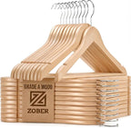 ZOBER High-Grade Wooden Hangers - Heavy Duty, Non Slip Wood Hangers for Coats, Jackets, Suits, & Pants - Clothes Hangers for Closet W/Bar and Notches 20 Pack