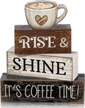 Moucuny 4 Pcs Farmhouse Coffee Bar Sign Decor Wooden Cup Rise & Shine It's Coffee Time Rustic Wood Cafe Sign Gift for Home Kitchen Tabletop Decor