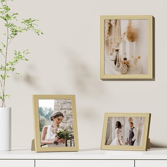 Vittanly 8x10 Picture Frames Set of 9, Shatter Resistant Plexiglass, Display 5x7 Pictures with Mat or 8x10 without Mat, Photo Frames for Wall or Tabletop, Engineered Wood, OAK
