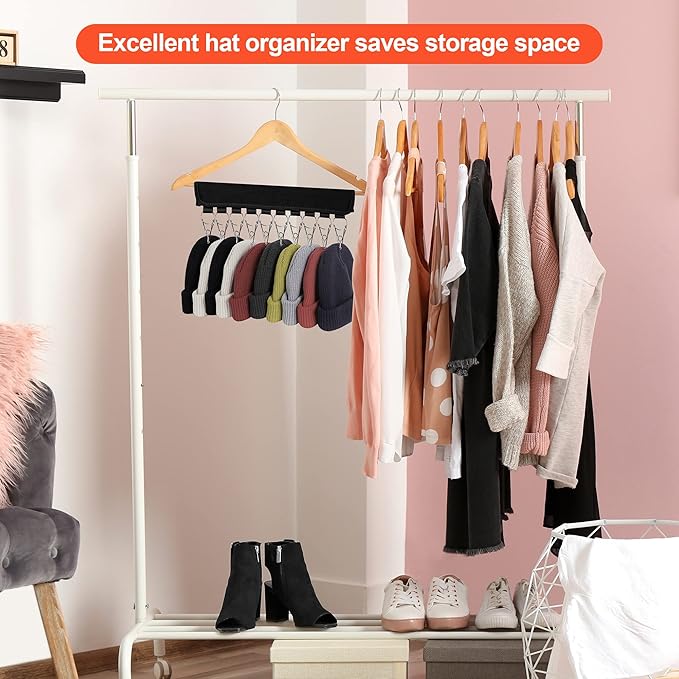 Hat Organizer Holder for Hanger & Room Closet, 4Pack Hat Storage Clips, for Hang Baseball Hats Rack, Ball Caps, Winter Beanie & Accessories, Not Including Hangers & Hats (4PC Black)