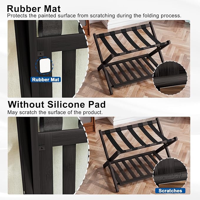 Smuxee Fully Assembled Black Luggage Racks Pack of 2, Upgraded Bamboo Foldable Suitcase Stand with 5 Nylon Straps, Luggage Holder with Shelf for Guest Room Bedroom Hotel