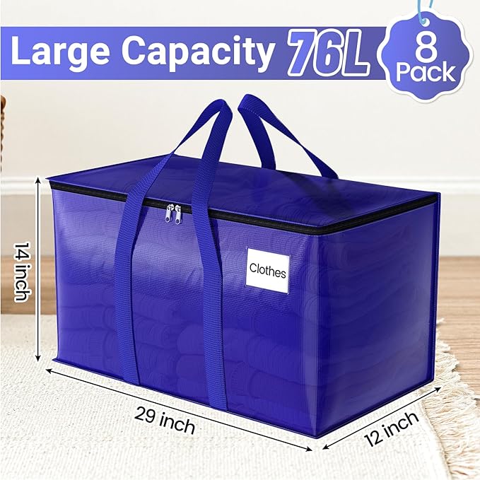 Moving Storage Bags, Moving Supplies Packing Boxes for Moving, Camping, College Dorm Room Essentials for Girls, Blue Tote Bags, Heavy-Duty Storage Bins With Lids And Zippers, 76L 8Pack
