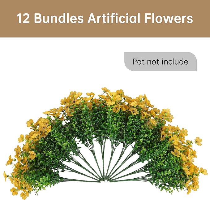Artificial Faux Flowers Plants for Outdoors Outside Spring Summer Decoration,12 Bundles Realistic Fake Flowers Plant Greenery Silk Daisy UV Resistant Planters Balcony Porch Patio Garden Home（Yellow）