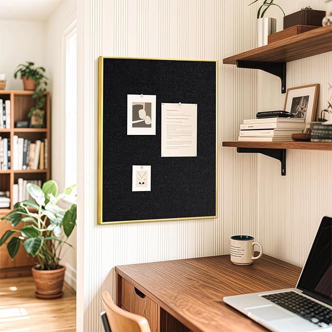 Linen Bulletin Board 36" x 24", Black Fabric Pin Board with Gold Aluminum Frame, Decorative Vision Board for Home Office, Bedroom & Dorm Wall Decor, Includes 10 Push Pins