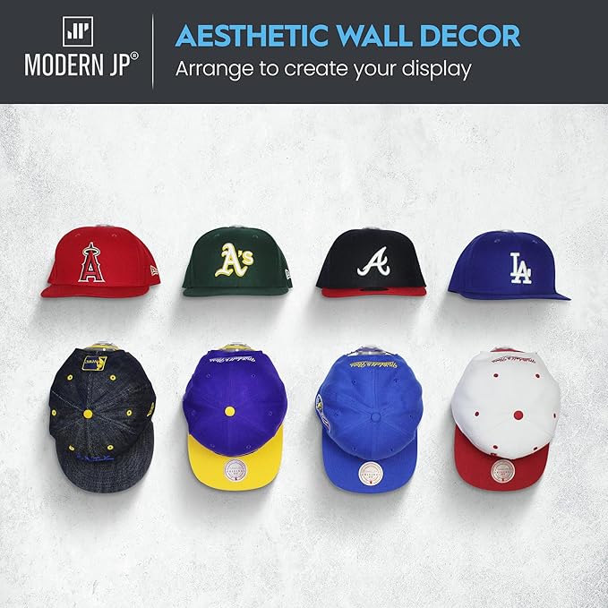 Modern JP Adhesive Hat Hooks for Wall (8-Pack) - Hat Rack for Baseball Caps, Minimalist Hat Display, Strong Hold Hat Hangers for Wall - USA Patented, Clear