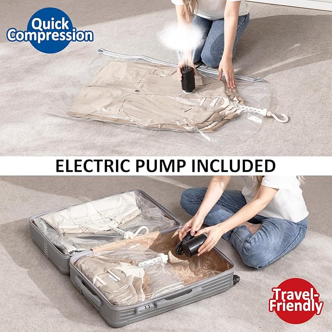Hanging Vacuum Storage Bags, 4 Pack Hanging Storage Bags for Clothes With Electric Pump, Vacuum Sealed for Suits, Dress, Jackets (2 Long, 2 Short)
