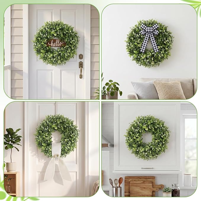 20" Boxwood Wreath for Front Door - UV Resistant Artificial Greenery Wreath with Detachable Hello Sign & Sash, All-Season Spring or Summer Wreaths Decorative Wreath for Indoor/Outdoor Wall