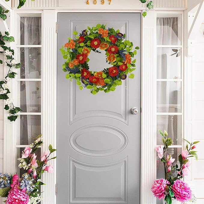 WreathDream 22 inch Artificial Spring Summer Wreaths for Front Door Poppy Wreath with Lavender Ear,Cherry Blossom,for Front Door Indoor Outdoor Home Farmhouse Decor