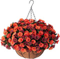 Artificial Hanging Flowers with Basket, Faux Silk Petunias Flower Arrangement, Coconut Lining with Morning Glories Fake Plants Patio Garden Porch Deck Spring Summer Decor(Orange Brown)
