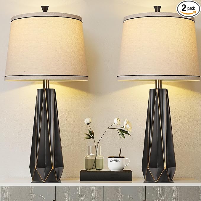 WIHTU Modern Table Lamp Set of 2, 3 Color Temperature Table Lamps for Living Room, 27'' Beside Lamp with Linen Shade,Black with Gold Rim Resin Desk Lamp for Nightstands Bedroom Decor(2 Bulbs Included)