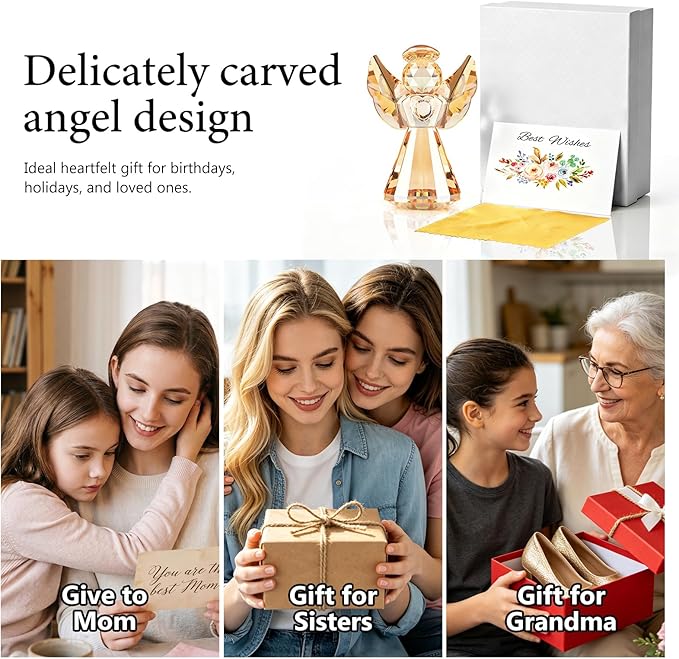 Crystal Guardian Angel Figurine Decoration, Glass Guardian Angel Statue Christmas Birthday Gifts for Women Daughter Girlfriend, Art Collectible Figurines Home Decor (Champagne)