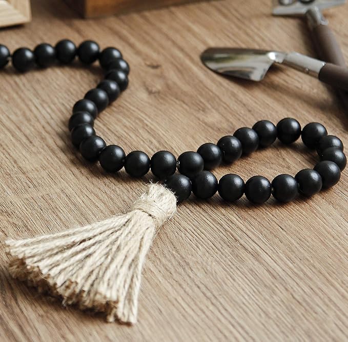 58in Wood Bead Garland with Tassels, Farmhouse Rustic Country Decor Prayer Boho Wall Hanging Decoration (Black)