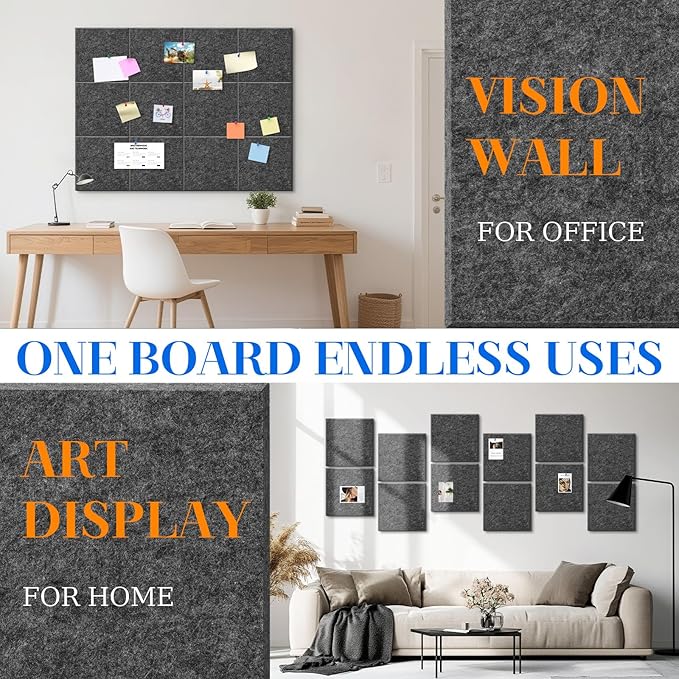 DOLLAR BOSS Large Cork Board for Wall 48" x 36" x 0.5" Bulletin Board 12 Packs Corkboard Tiles Self Adhesive Felt Wall Tiles for Office Home School, Dark Grey