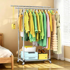 100% Stainless Steel Double Rods Clothes Rack, Heavy Duty Clothing Rack for Hanging Clothes with Sturdy Wheels & Shelves, Portable Rolling Garment Rack for Wardrobe Bedroom Laundry Living Room