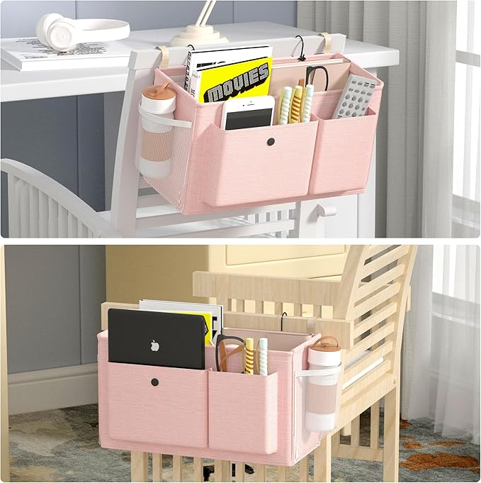 Edudif Bedside Caddy Bedside Organizer with Fixed Straps & Water Bottle Holder, Bunk Bed Caddy ideal for Home, Dorm, Hospital, Crib, Versatile Bedside Storage Solution