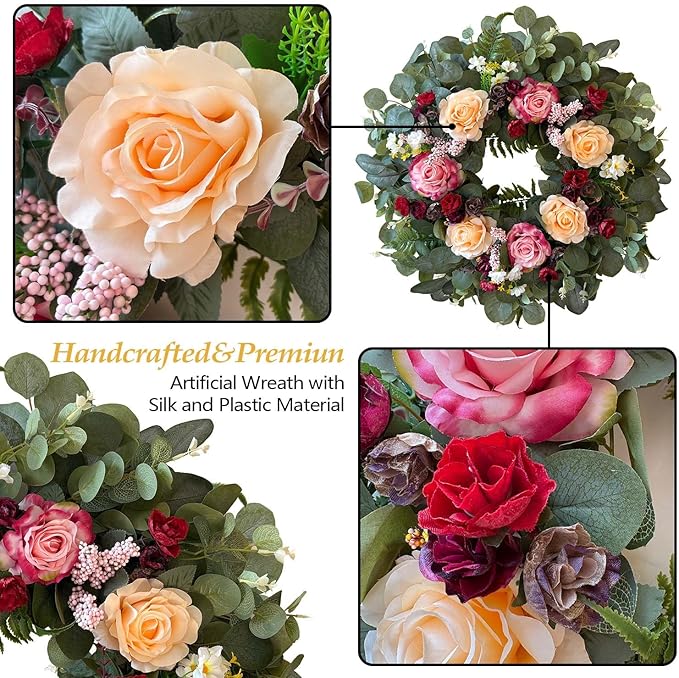 WANNA-CUL 24 Inch Spring Wreaths for Front Door,Spring Mothers Day Wreath Gifts Decorations with Pink,Champagne, Burgundy Rose and Eucalyptus Leaves for Valentines Day,Wedding or Indoor&Outdoor Decor