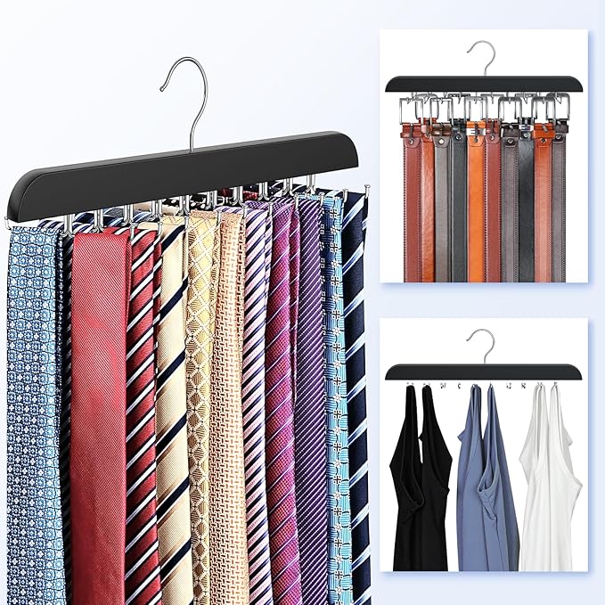 Upgraded Tie Rack Hanger with 20 Foldable Metal Hooks, Space Saving Necktie Organizer for Men – Large Capacity Tie and Belt Wooden Hanger for Closet - Black 2 Pack