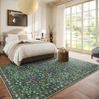 Washable Dark Green 6x9 Oriental Style Area Rug for Dining Room Under Table & Living Room, Low Pile Non-Slip Stain Resistant Carpet for Bedroom