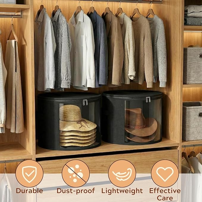 Ofiray-home 2 Pack Large Clear Hat Storage Boxes, Hold up to 7-9 Hats, Hat Organizer for Closet, Durable & Foldable, Hat Box with Carrying Handles for Round Brim, Wide-Brim, Cowboy, Sun Hat (Black)
