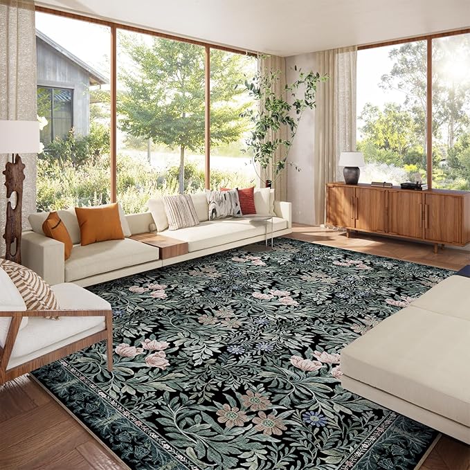 Washable Area Rugs 9x12 Black Green Vintage Floral Botanical Pattern,Perfect for Living Room, Bedroom, Kids Room, Nursery - Stain & Water Resistant Non-Slip, Pet & Child Friendly/Bedroom Decor