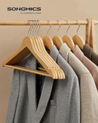 SONGMICS Solid Wood Hangers, 20-Pack Coat Hangers with Shoulder Notches, Pants Bar, 360° Swivel Hook, Non-Slip for Jackets, Shirts, Dresses, Natural UCRW001-20