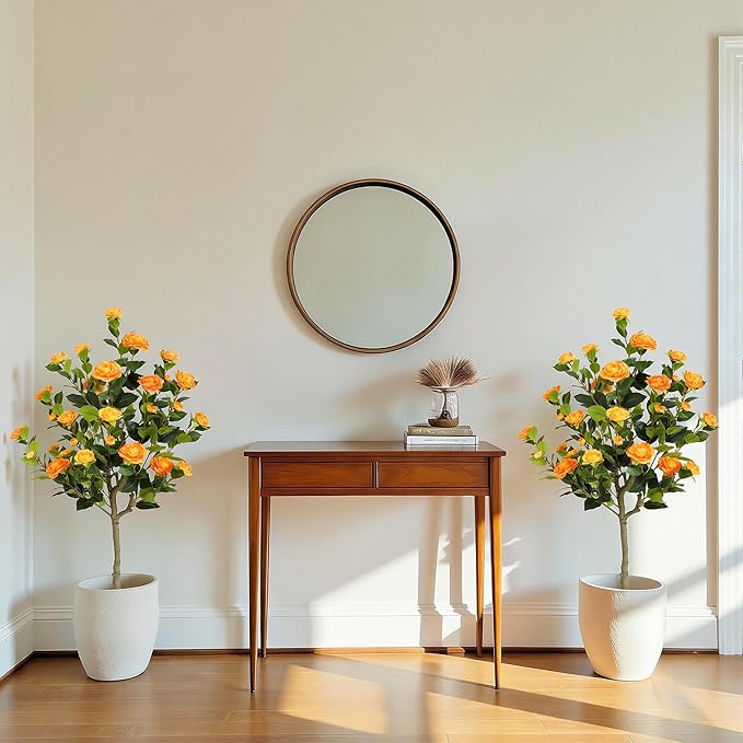 Bellacat 4ft Artificial Camellia Tree with Silk Orange Flowers, 48in Faux Camellia Plant with Lifelike Trunk, Fake Flower Tree Potted Front Door Plants for Porch Patio Deck Living Room Decor, 2Pack