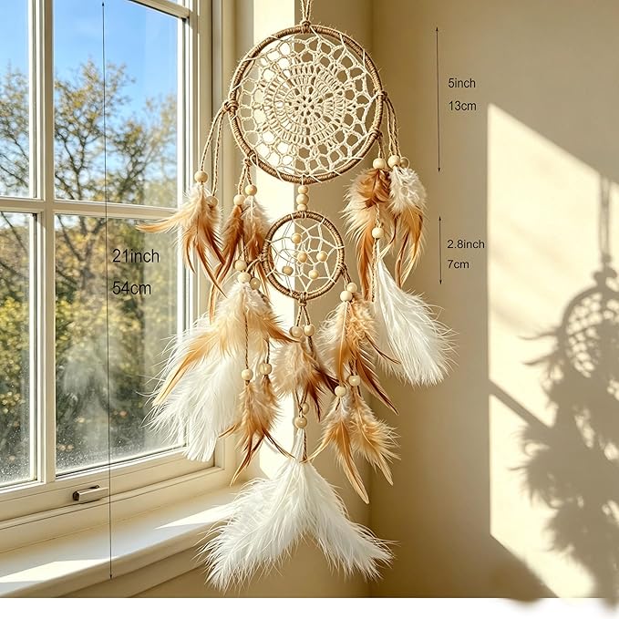 5 Pcs/Set Large Dream Catchers Boho Wall Decor Feather Handmade Traditional Dream Catcher Wall Hanging Decor for Kids Bedroom Adult Living Room Home Bohemian Decorations (Hemp Rope)
