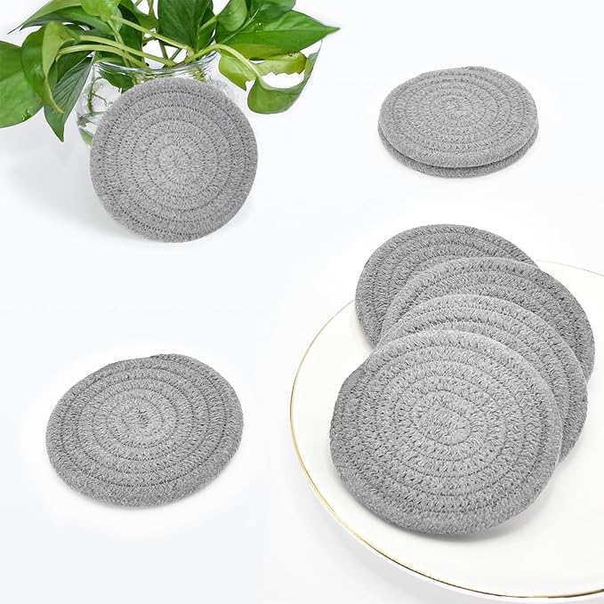 ABenkle 8 Pcs Drink Coasters with Holder, Cotton Woven Absorbent Coasters for Drinks, Minimalist Home Decor Coaster Set for Wooden Tabletop Protection Table, 4.3 inches