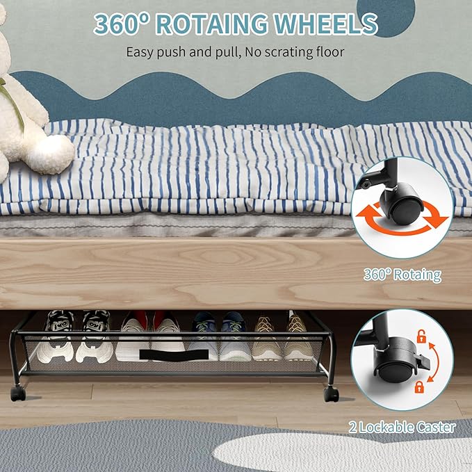 Under Bed Shoe Storage with Wheels, Space Saving Shoe Organizer with Sturdy Metal Frame & Breathable Mesh, Suitable Under the Bed, Sofa and Desk, 2 Packs