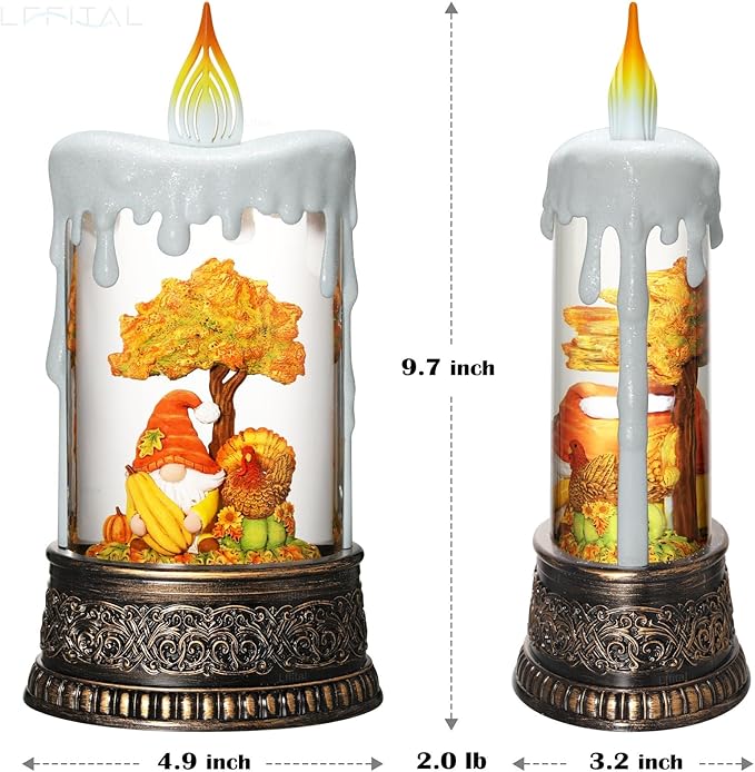 Fall Snow Globe Lantern Fall Decor Candle Shape with Gnome and Turkey, Lighted Thanksgiving Decorations with Timer Swirling Glitter for Tabletop Autumn Festival Harvest Day