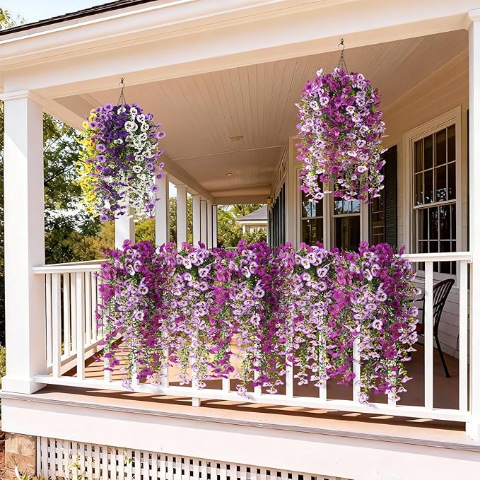 Fake Artificial Flowers for Outdoors, 4 Pcs Faux Hanging Pansy Flowers Spring Summer Decor, UV Resistant Fake Plants Silk Flower for Planter Front Door Porch Patio Yard Garden(Gradient Purple Red)