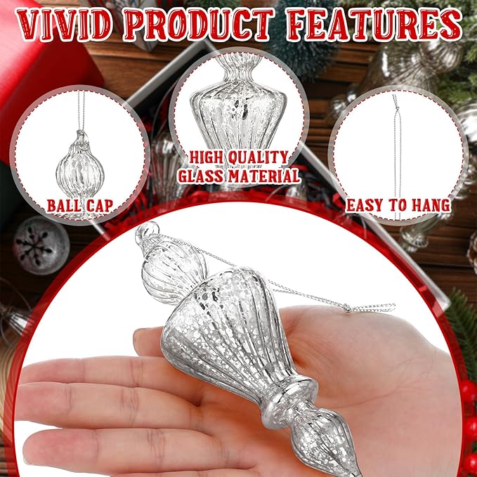 Mifoci 8 Pcs 6 Inch Mercury Glass Finial Christmas Ornaments Hanging Christmas Finials Glass Ornaments Assorted Mercury Decor for Vintage Holiday Xmas Tree Decoration(Silver)