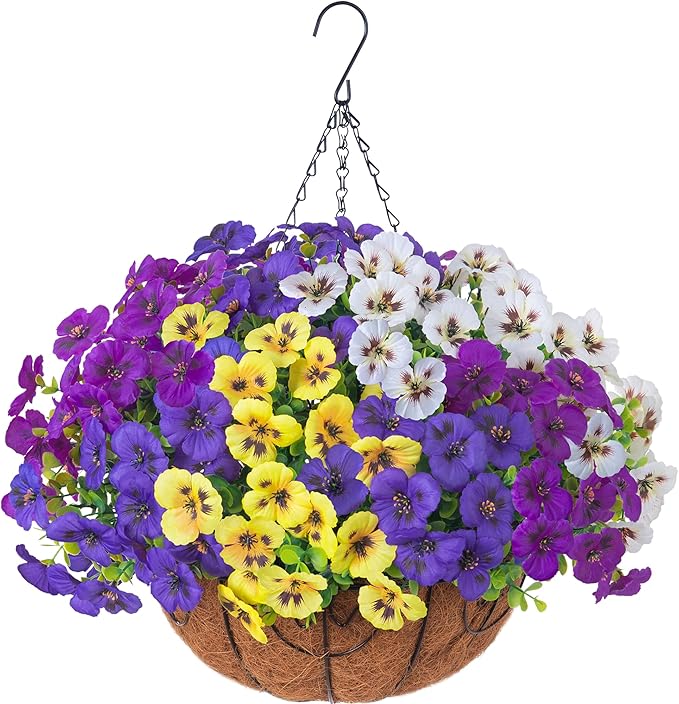 Ivydale 20 Bundles Fake Pansy Hanging Basket for Outdoor Decoration, Artificial Silk Pansies Hanging Plant, UV Resistant & Lifelike for Patio Garden (4-Mixed Color)