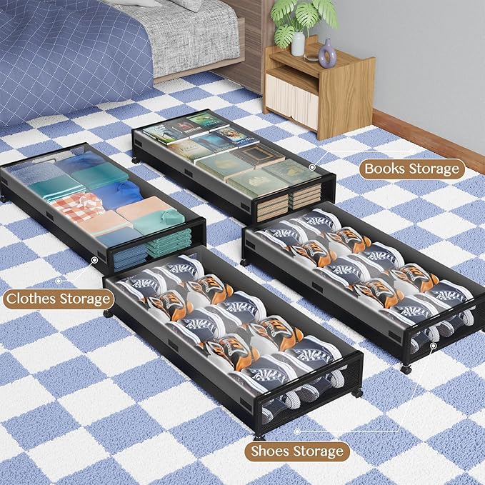 Under Bed Storage with Wheels,2 Pack Under Bed Storage Containers with Clear Lids,Under the bed storage Organizer Bins, Large Rolling Under Bed Metal Drawer for Clothes,Shoes,Blankets