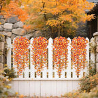 Fake Fall Hanging Flowers Artificial for Outdoor Decoration, 2 PCS Autumn Silk Faux Flowers Morning Glory with Eucalyptus Leaves, Realistic Hanging Plants for Wedding Home Office Garden Decor, Mix