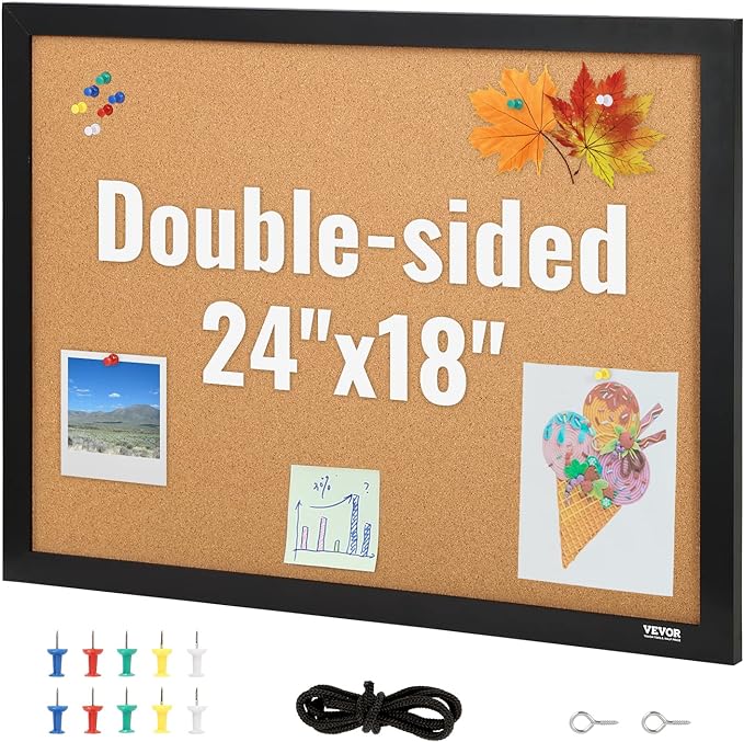 VEVOR Cork Board for Walls, Double-Sided Cork 24" x 18" Bulletin Board Vision Board, Push Pin Board with Framed for Office Home and School