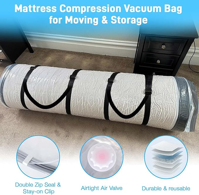 Mattress Vacuum Bag Queen/Full/Full-XL Space Saver Mattress Vacuum Seal Bag with Straps for Moving Double Zip Seal Reusable Mattress Compression Vacuum Storage Bags