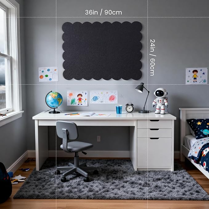 Lightomorrow Scalloped Bulletin Board, 36 x 24 Inches Felt Pin Board - Decorative Cork Alternative for Wall, 3' x 2' Foldable Picture Self-Adhesive Vision Prayer Board with 20 Pushpins - Black