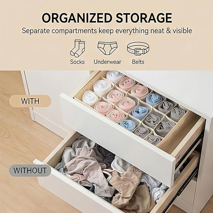 Beige 24 Grid 3 Pack Foldable Underwear Sock Storage Organizer, Non-Woven Fabric Closet Drawer Divider Bins for Socks, Ties, Baby Clothes, Dresser & Wardrobe Organization Boxes (Beige 3 Pack)