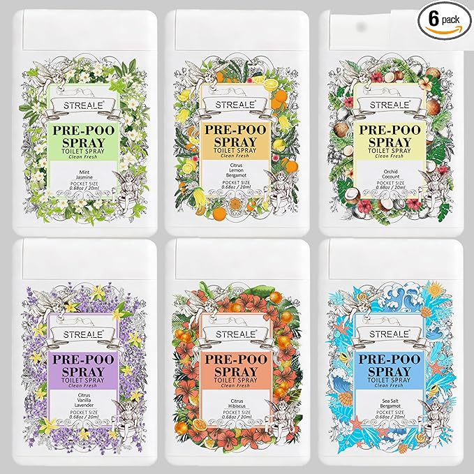 Travel Size Toilet Spray 6-Pack, Travel Essentials Toiletries, Pocket Size Pre-Poo Spray, Bathroom Odor Deodorizer, Up to 240 Uses, 6 Refreshing Scents