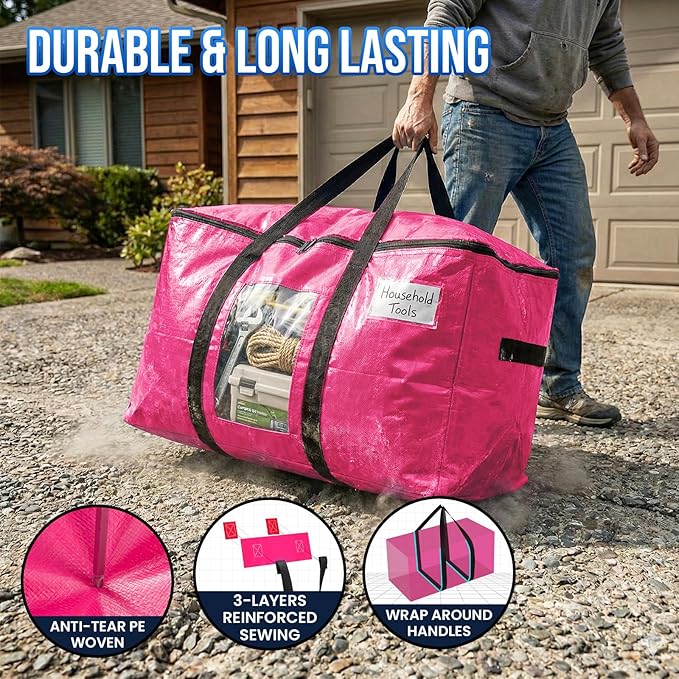 TAILI 12 Pack Pink Extra Large Moving Bags, Heavy Duty Totes with Visible Window, Wrap Around Handles, Space-Saving Storage Solution, Alternative to Moving Boxes