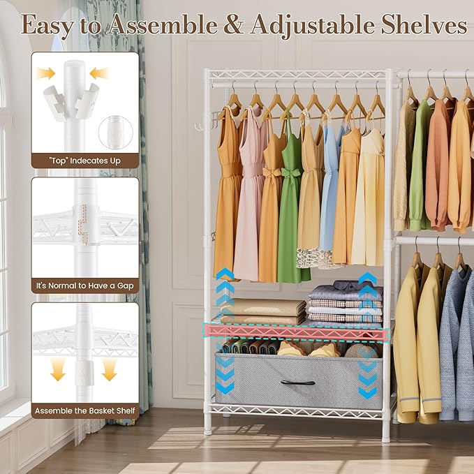 Coat Rack Clothes Wardrobe：Closet Organizer and Storage Clothing Garment Rack with Shelves Heavy Duty for Hanging Clothes Portable Adjustable White 15.8" DX69 WX76.5 H