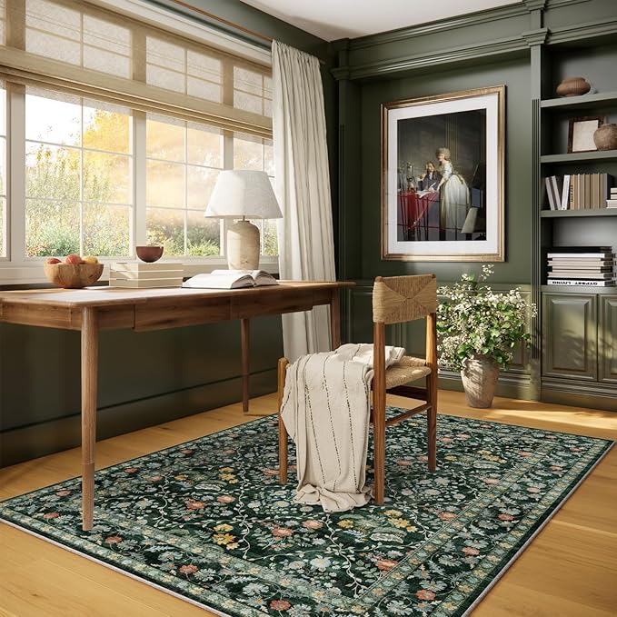 Vintage Botanical Dark Green Area Rug 4x6 Elegant Floral Pattern, Durable Stain-Resistant Fabric, Perfect for Living Room, Bedroom, Dining Room Decor