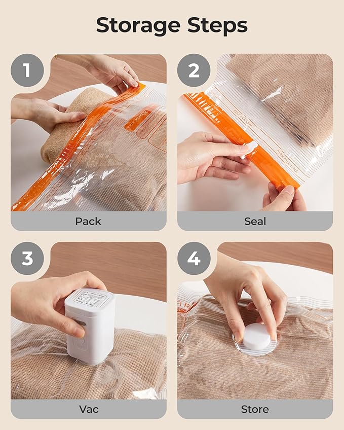 BAGSMART Vacuum Storage Bags for Travel with Rechargeable Air Pump, Portable Space Saver Bags for Travel & Home, Vacuum Compression Seal Bag for Clothing, Blanket, 12 Pack-Gray