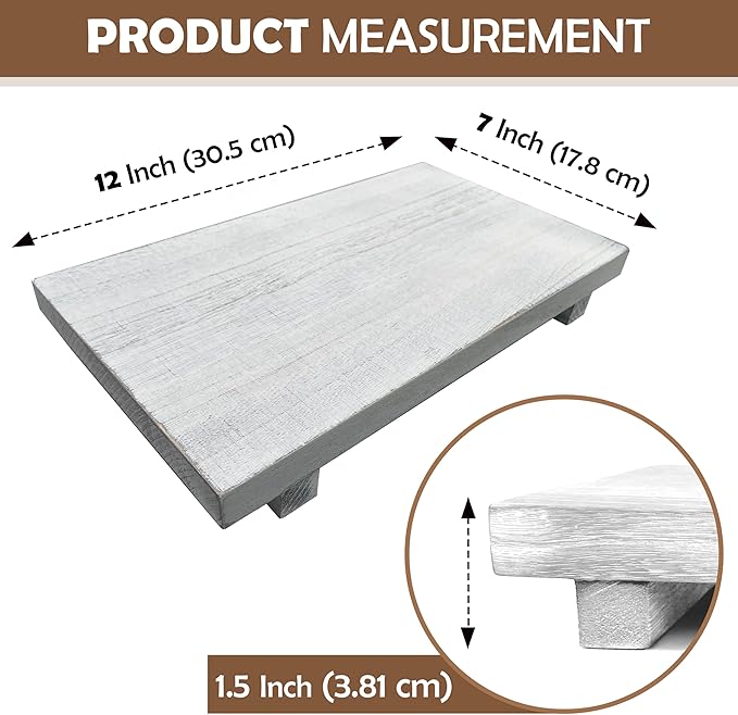 Rustic Wood Riser - Rectangular Soap Tray, Candle Holder, Plant Stand - White, 12 x 7 x 1.5 Inch