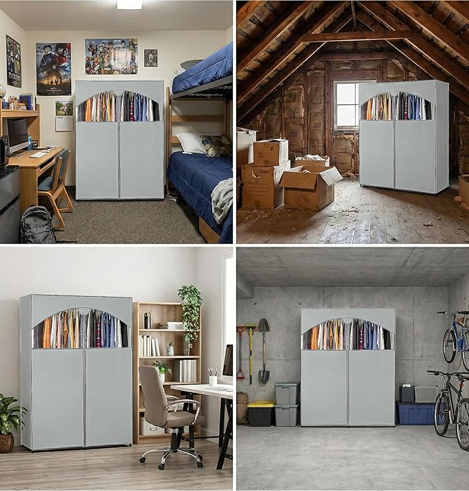 HOLDN’ STORAGE Portable Wardrobe Closet - 65 lb Large Capacity, Internal Heavy Duty Metal Rod, Zipper & Clear Window, Durable Clothes Organizer, Tool-Free Easy Assembly, Gray Canvas Cover