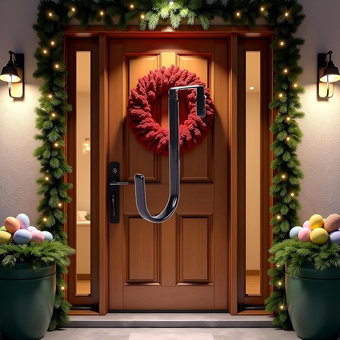 BWESOO Black Wreath Hanger - Strong Bearing Fall Christmas Halloween Decorations Carbon Steel Door Hook 5" Height Home Décor Accents